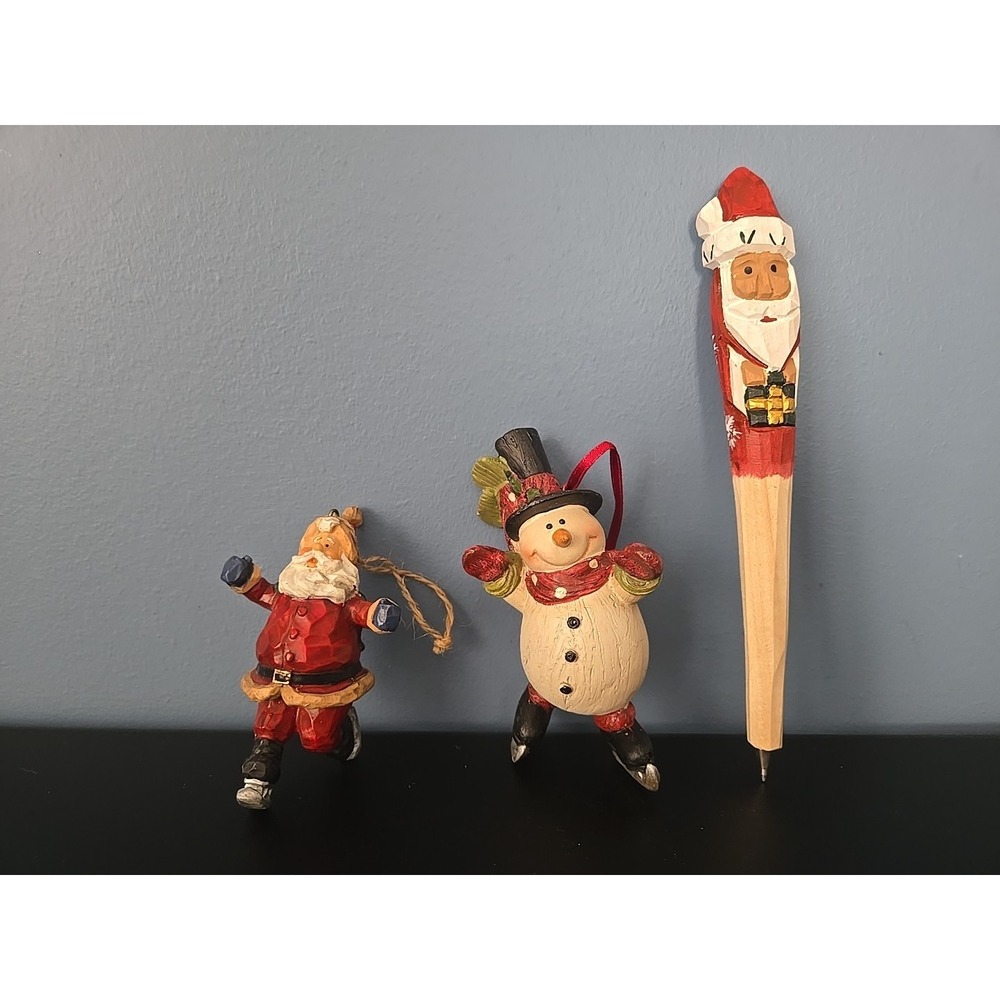 Vintage Red Metal Christmas Ornaments Skating Santa Snowmen Wooden Santa Pen